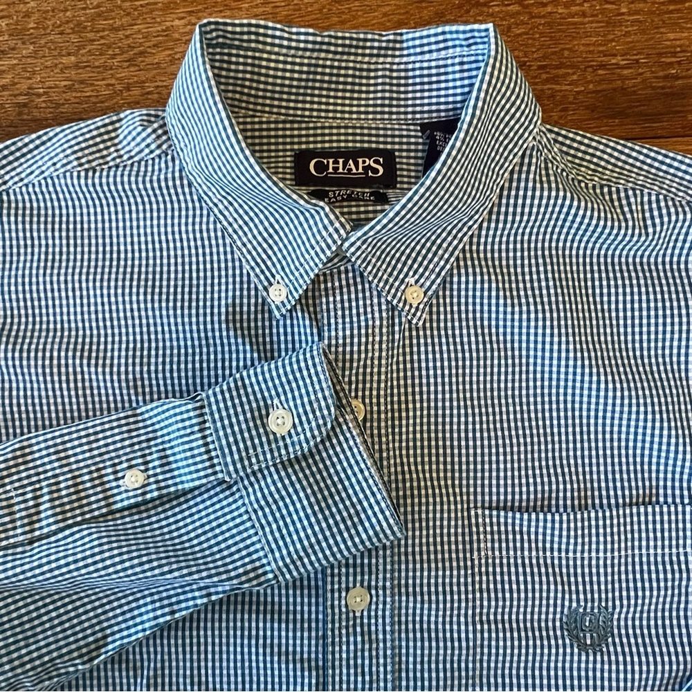 Chaps Men’s Long Sleeve Button Down Blue White Checked Shirt Stretch Easy Care L
